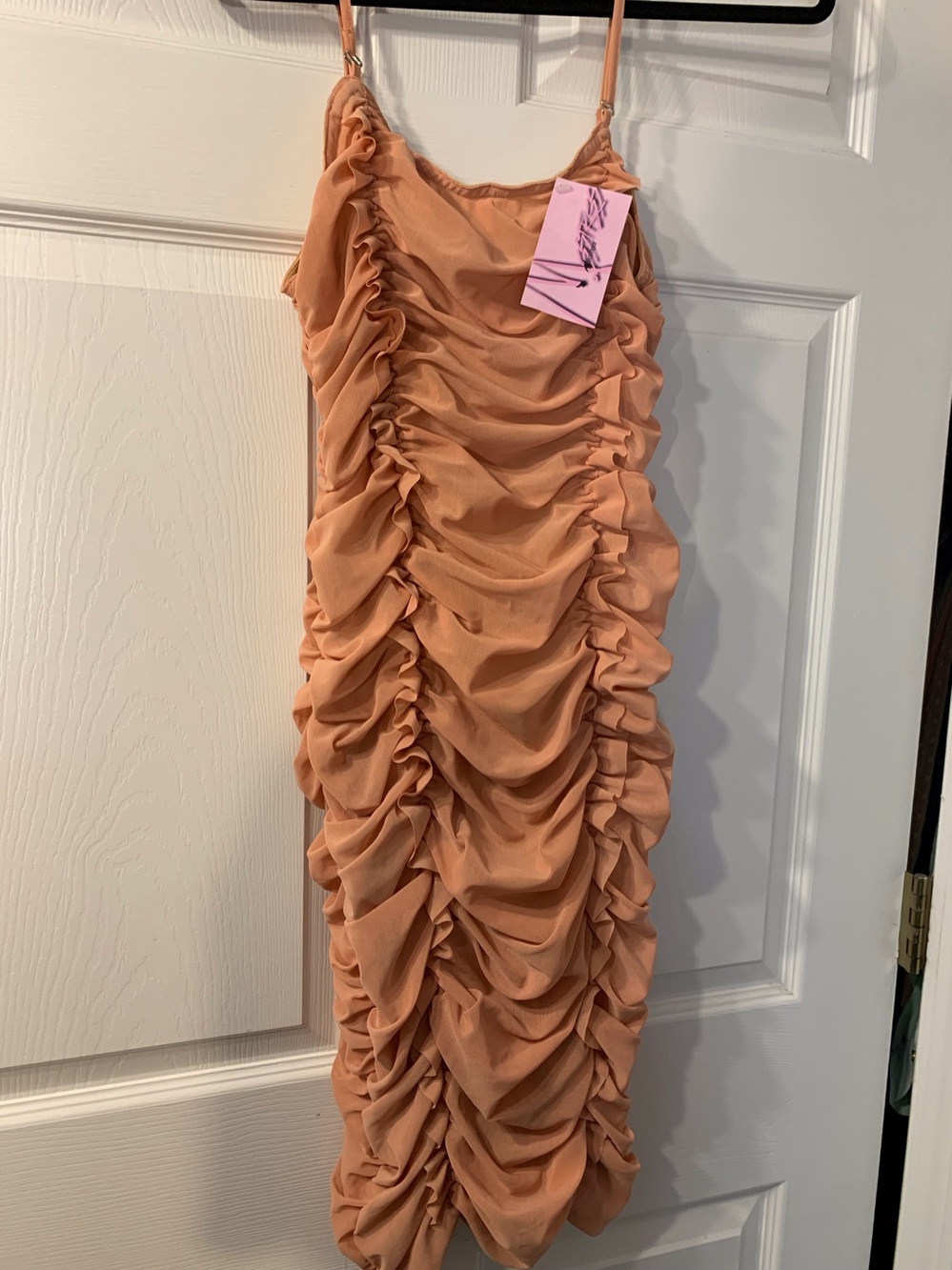 Ruched Midi Slip Dress with Spaghetti Straps in Peachy Nude